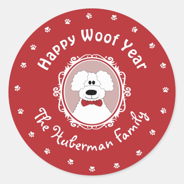 "Happy Woof Year" Poodle Weihnachtsklecker Runder Aufkleber (Vorderseite)
