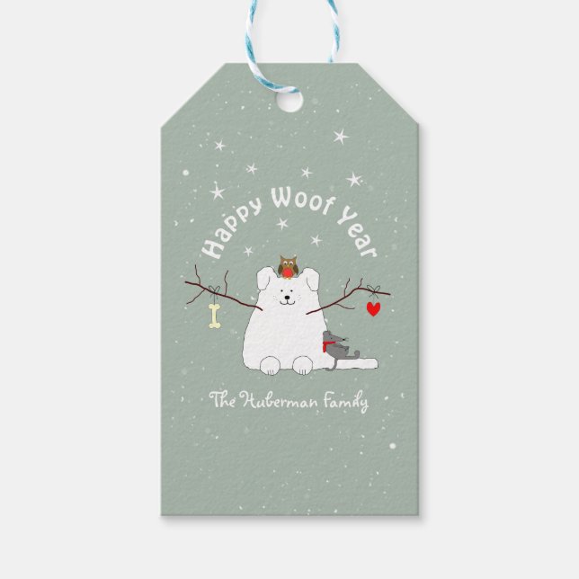 "Happy Woof Year"-Schneekatze Geschenkanhänger (Vorderseite)