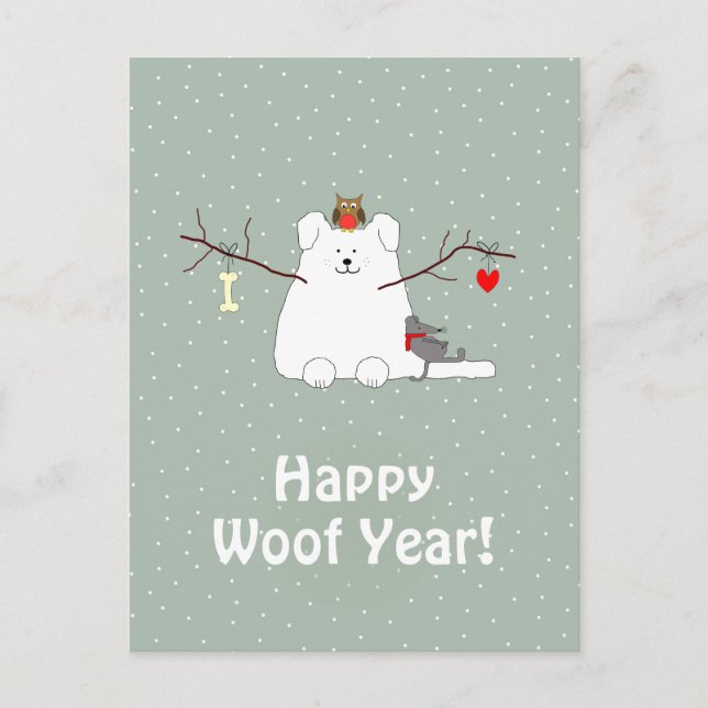 'Happy Woof Year' Snowdog Weihnachten Postkarte (Vorderseite)