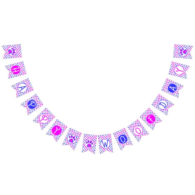 Happy Woofday Blue White Pink Paw Silhouette Wimpelkette (Alle)