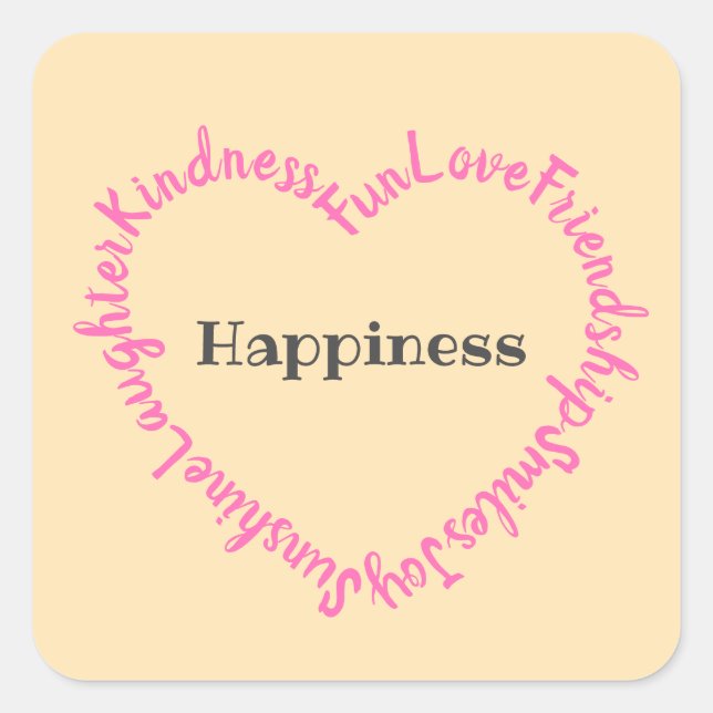 Happy Words Typographic Heart Pink und Peach Quadratischer Aufkleber (Vorderseite)