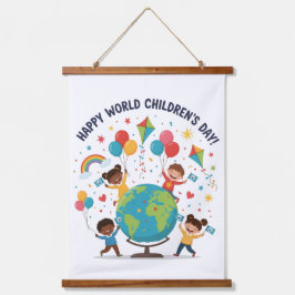 Happy World Children’s Day Wood Topped Wall Wandteppich Mit Holzrahmen