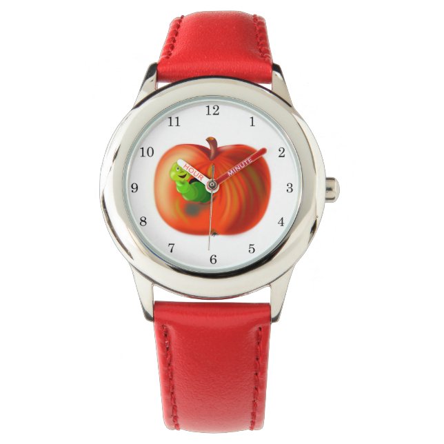 Happy Worm in Red Apple Armbanduhr (Vorderseite)