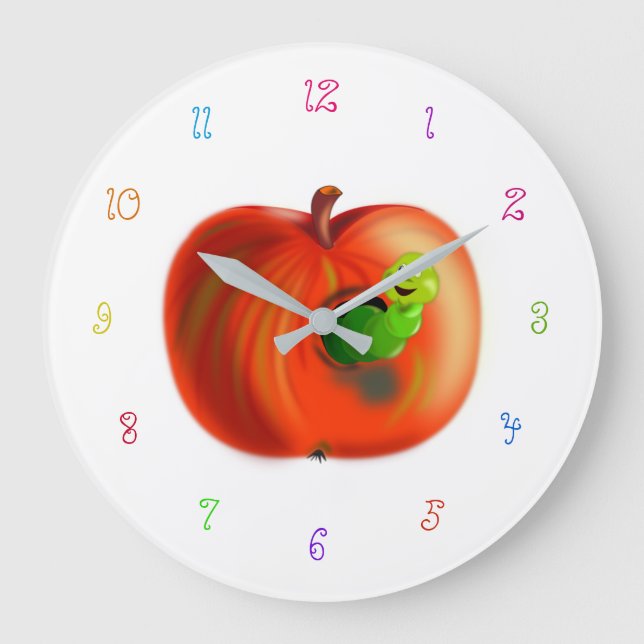 Happy Worm in Red Apple Clock Große Wanduhr (Vorderseite)