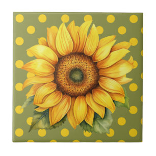 Happy Yellow and Green Sunflower on Polka-Dot Fliese