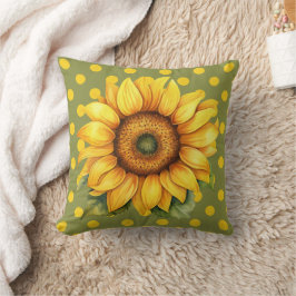 Happy Yellow and Green Sunflower on Polka-Dot Kissen