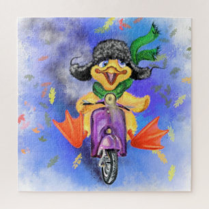 Happy Yellow Duck Drives Lila Scooter - Cartoon Puzzle