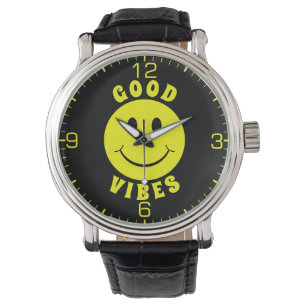 Happy Yellow Face Good Vibes Black Armbanduhr