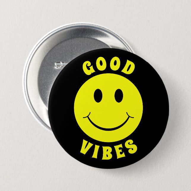 Happy Yellow Face Good Vibes Black Button (Vorne & Hinten)