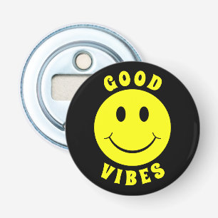 Happy Yellow Face Good Vibes Black Flaschenöffner