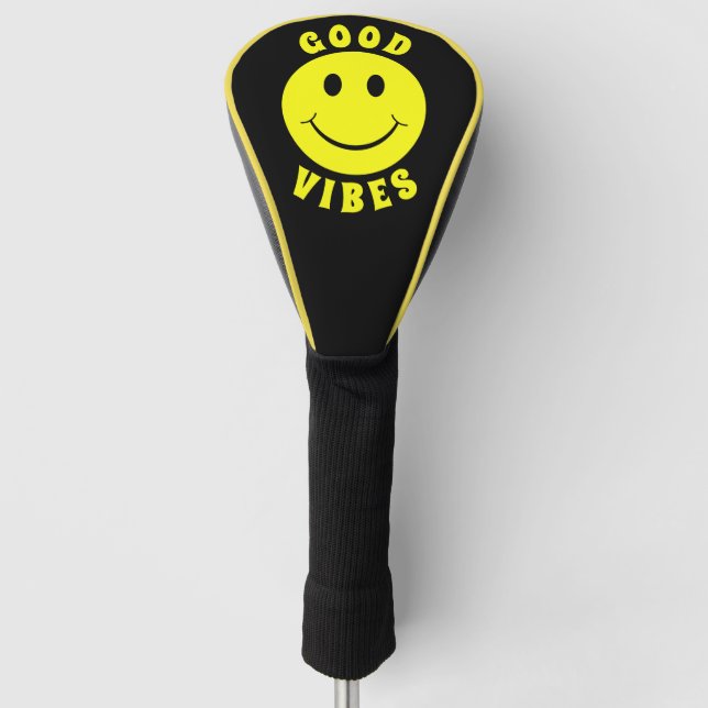 Happy Yellow Face Good Vibes Black Golf Headcover (Vorderseite)