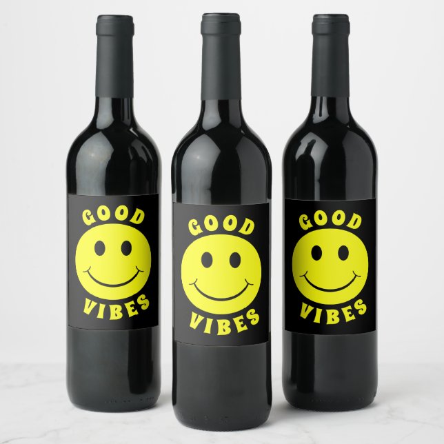 Happy Yellow Face Good Vibes Weinetikett (Flaschen)
