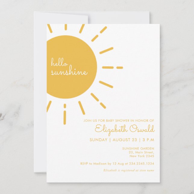 Happy Yellow Hello Sunshine Baby Dusche Einladung (Vorderseite)