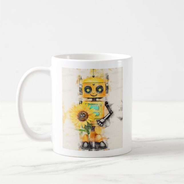 Happy Yellow Robot mit Sonnenblume Kaffeetasse (Links)