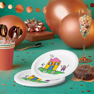 Happy Zuhause Colorful House und Strichmännchen Pappteller