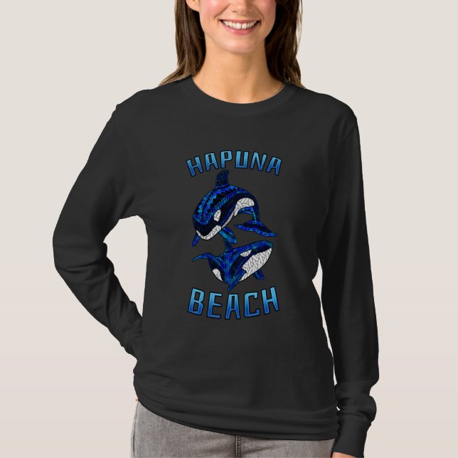 Hapuna Beach Hawaii Vacation Tribal Whale Orca Lon T-Shirt (Vorderseite)