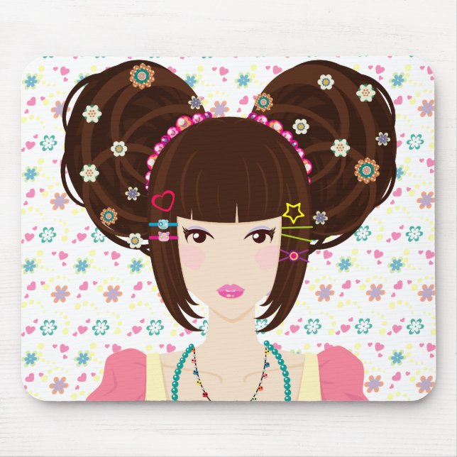 Harajuku Mädchen Yuriko mit blumigem Hintergrund Mousepad (Vorne)
