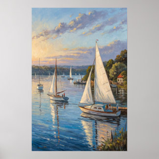 Harbor Sailboats Sunset Print | Marina Golden. Poster