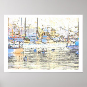 Harbour Dawn & Pelican Print Poster
