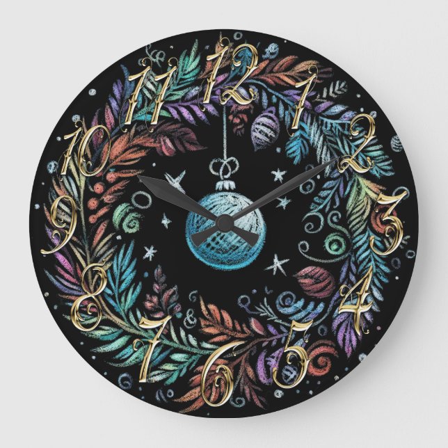 Hard Pastel Zeichne Weihnachtskranz Große Wanduhr (Vorderseite)