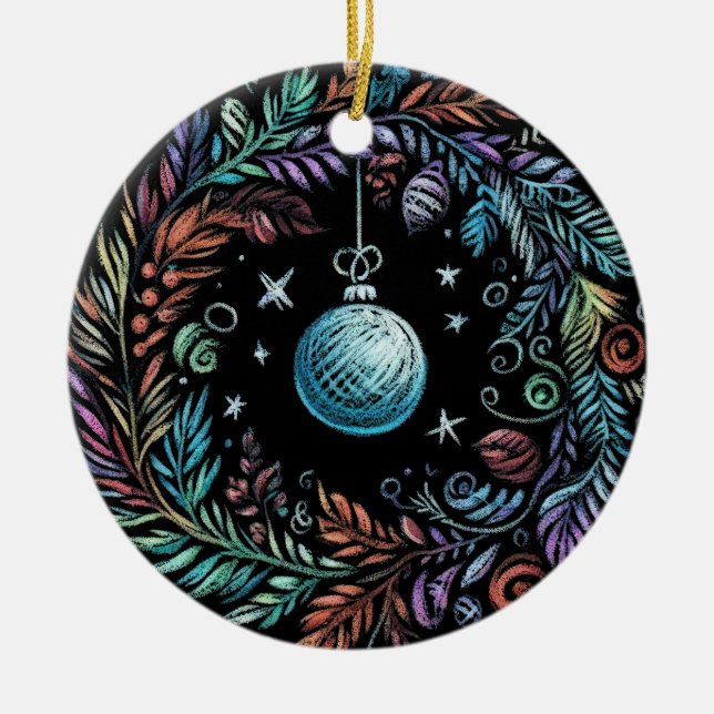 Hard Pastel Zeichne Weihnachtskranz Keramik Ornament (Vorne)