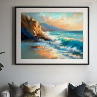 Hard Pastel Zeichnend Wellen an einem Strand Poster