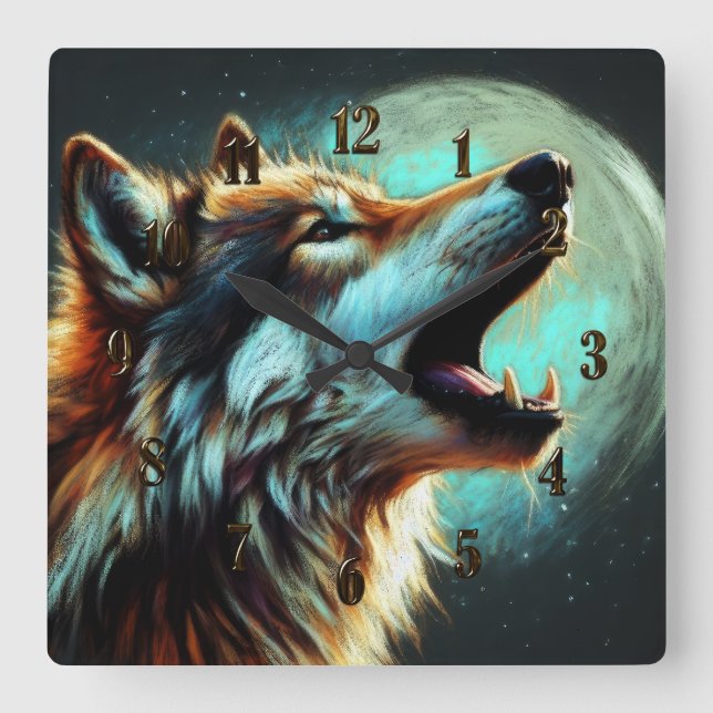 Hard Pastel Zeichnend Wolf Howling Moon Quadratische Wanduhr (Vorderseite)