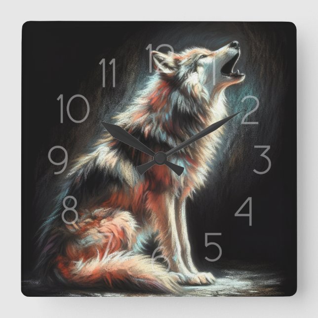 Hard Pastel Zeichnend Wolf Quadratische Wanduhr (Vorderseite)