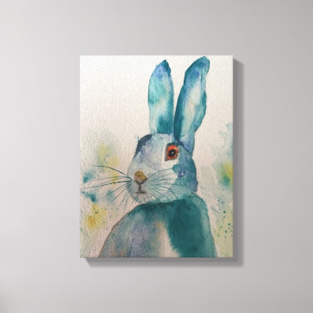 Hare Rabbit Watercolor Blue Canvas Print Leinwanddruck (Vorderseite)