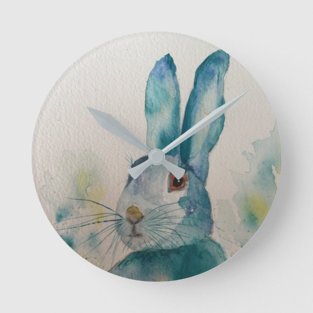 Hare Rabbit Watercolor Blue Clock Runde Wanduhr (Vorderseite)