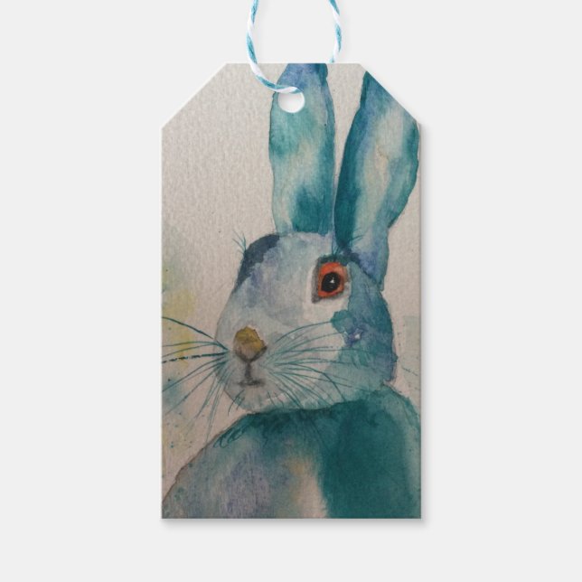 Hare Rabbit Watercolor Blue Geschenkmarke. Geschenkanhänger (Vorderseite)