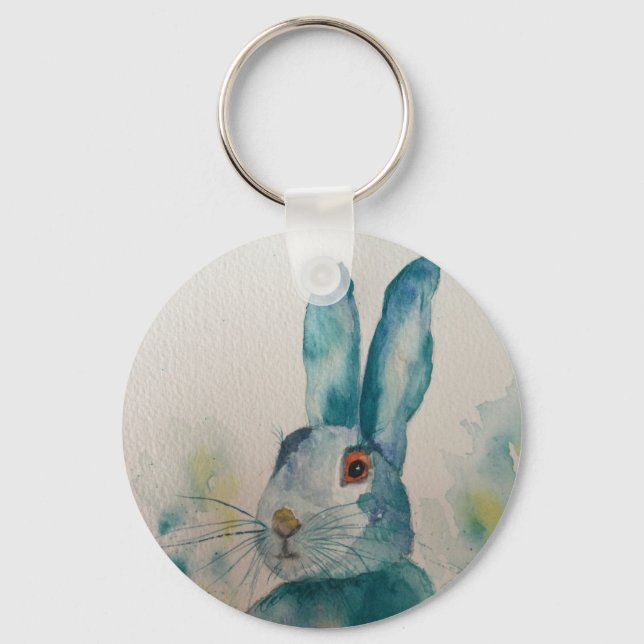 Hare Rabbit Watercolor Blue Schlüsselanhänger (Vorderseite)