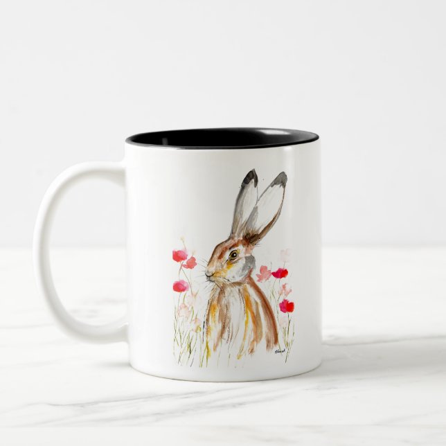 Hare Watercolor Osterkaninchen Tier Rustikale Flor Zweifarbige Tasse (Links)