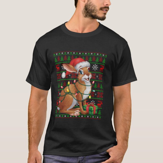 Hare Xmas Lights Ugly Weihnachtsmannmütze Weihnach T-Shirt (Vorderseite)