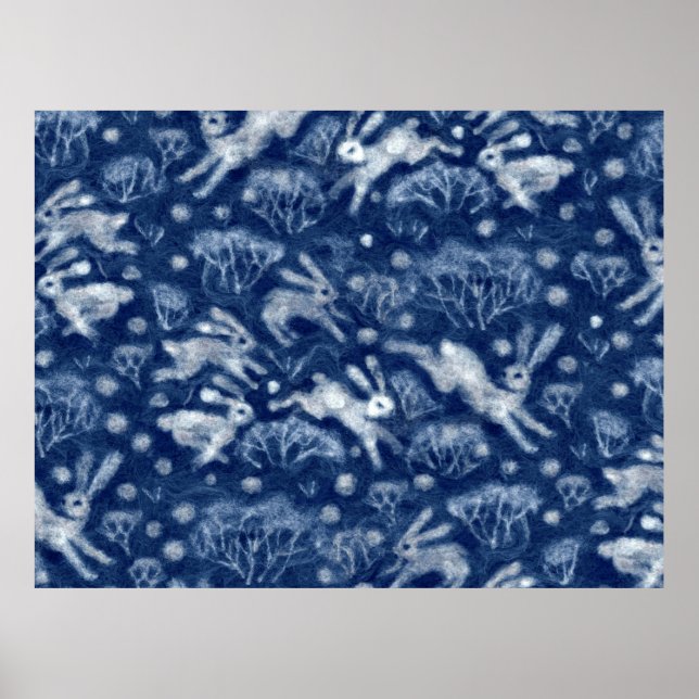 Hares Snow Field White Kanbits Winter Animals Blue Poster (Vorne)