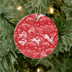 Hares Snow Field White Kanbits Winter Animals Red Keramik Ornament