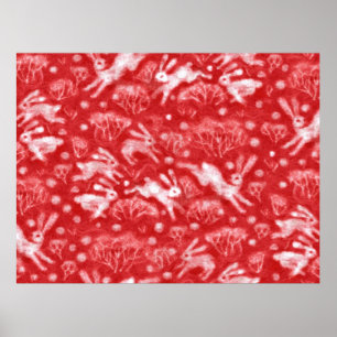 Hares Snow Field White Kanbits Winter Animals Red Poster
