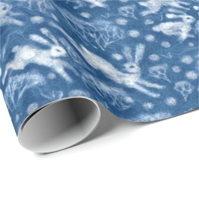 Hares Snow Field White Kanbits Winter Pattern Blau Geschenkpapier (Rolleneckpunkt)