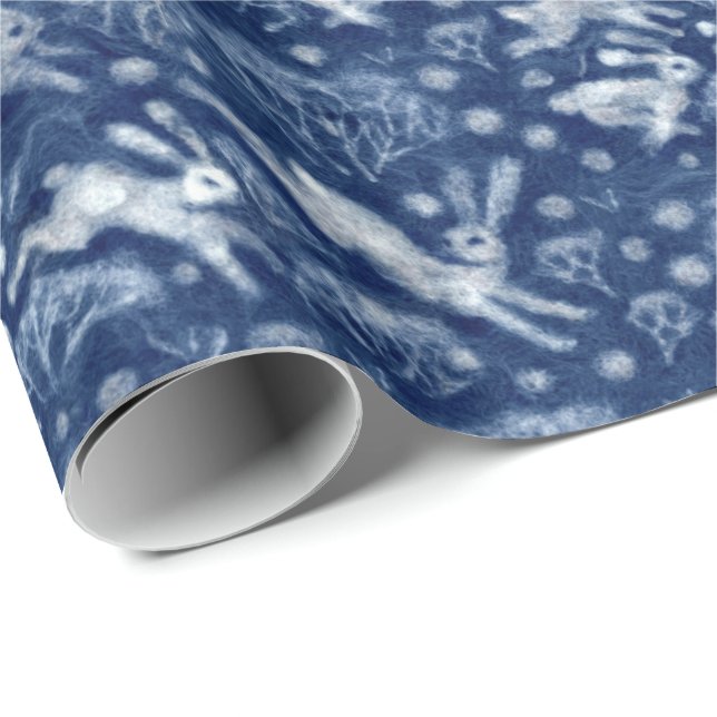 Hares Snow Field White Kanbits Winter Pattern Blau Geschenkpapier (Rolleneckpunkt)