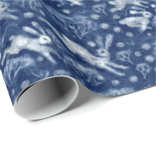Hares Snow Field White Kanbits Wintermuster Blau Geschenkpapier