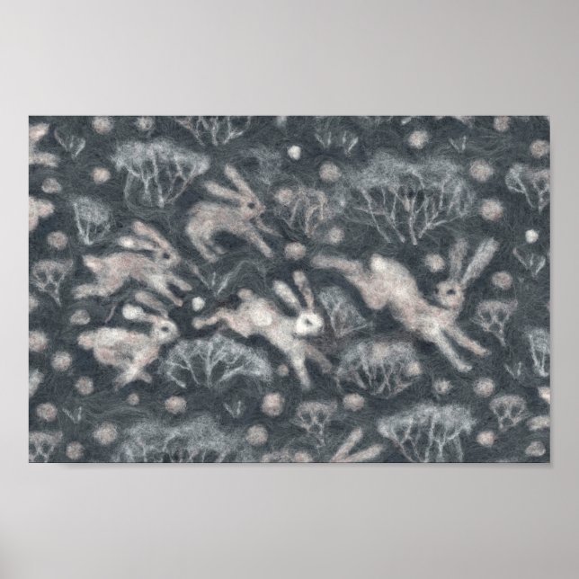 Hares Snow Field White Kanbits Wintertiere grau Poster (Vorne)