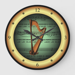 Harfe auf Blatt Musik ~ Green on Gold Background ~ Große Wanduhr