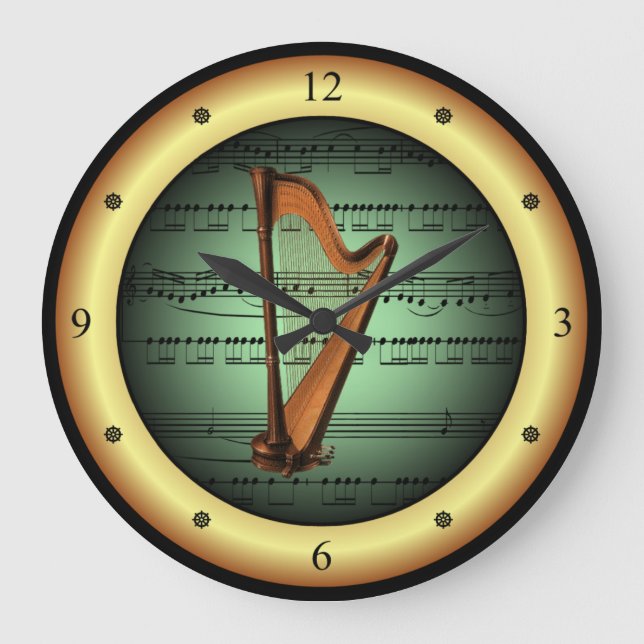 Harfe auf Blatt Musik ~ Green on Gold Background ~ Große Wanduhr (Vorderseite)