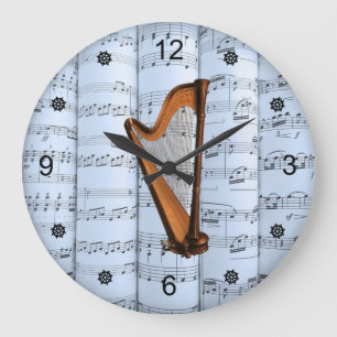Harfe ~ Rolled Sheet Music ~ Blue Tint Background  Große Wanduhr