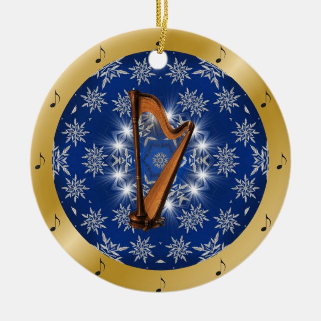 Harfe ~ Silber ~ Blau ~ Gold ~ Weihnachten Keramik Ornament (Vorne)