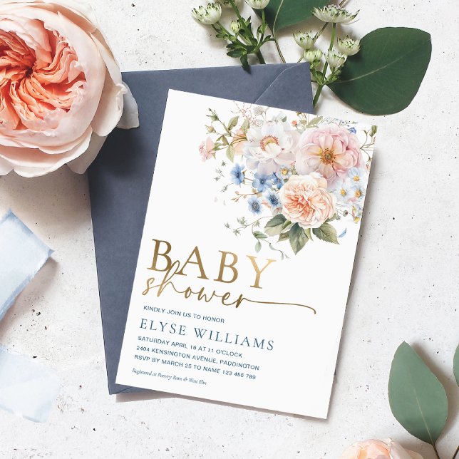 Hargrove Blue Floral Baby Dusche Gold Folieneinladung (Von Creator hochgeladen)