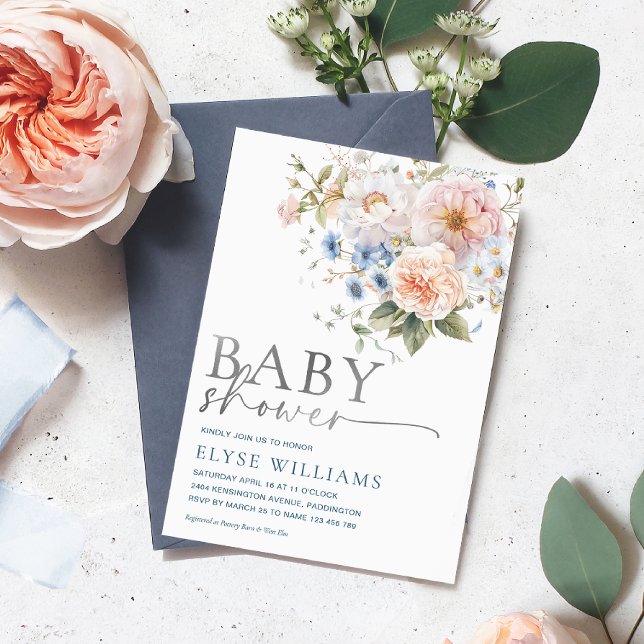 Hargrove Blue Floral Baby Showsilber Folieneinladung (Von Creator hochgeladen)