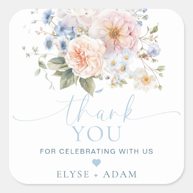 Hargrove Blue Floral Vielen Dank Quadratischer Aufkleber (Vorderseite)