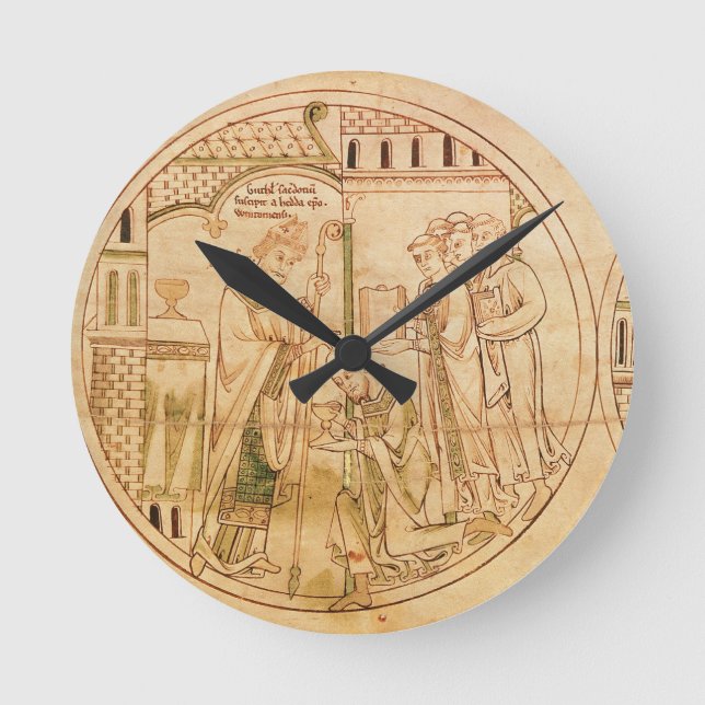 Harl. RollenY.6 roundel 11 St. Guthlac wird Runde Wanduhr (Vorderseite)