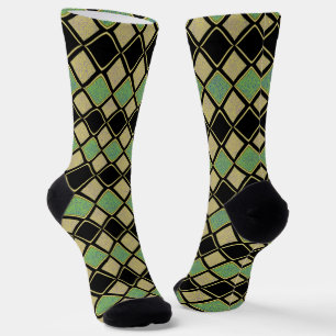 Harlekin-Muster in Gold, Grün und Schwarz Socken